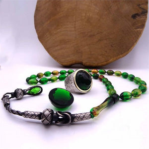 Green Amber Tasbeeh and Ring Set, Handmade 925 Sterling Silver, Silver Jewelry for Men, Silver Tasbeeh and Ring, Muslim Gift