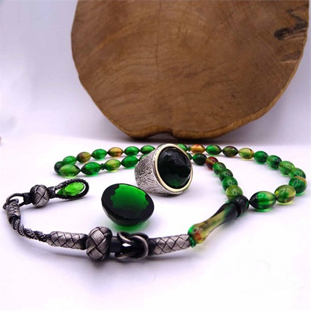 Green Amber Tasbeeh and Ring Set, Handmade 925 Sterling Silver, Silver Jewelry for Men, Silver Tasbeeh and Ring, Muslim Gift