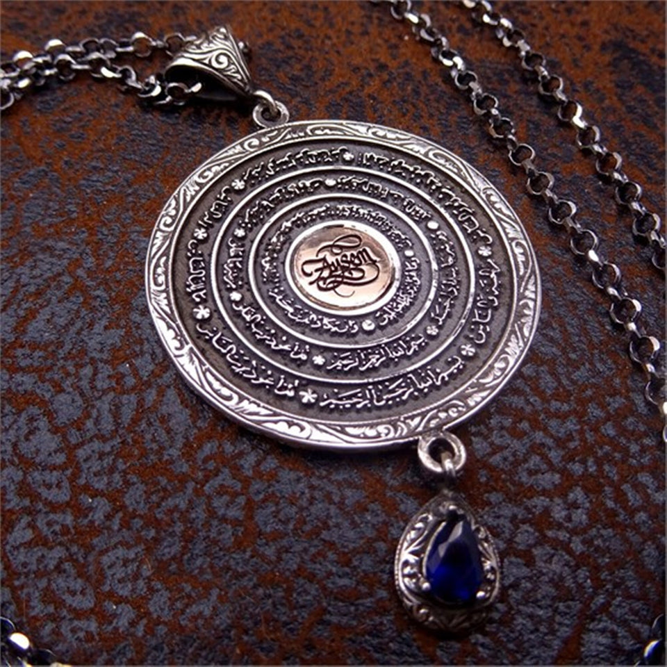 Blue Stone Handmade 925 Sterling Silver Medallion, Women Necklace, Silver Pendant Women, Embroidered Jewelry, Gift for Her