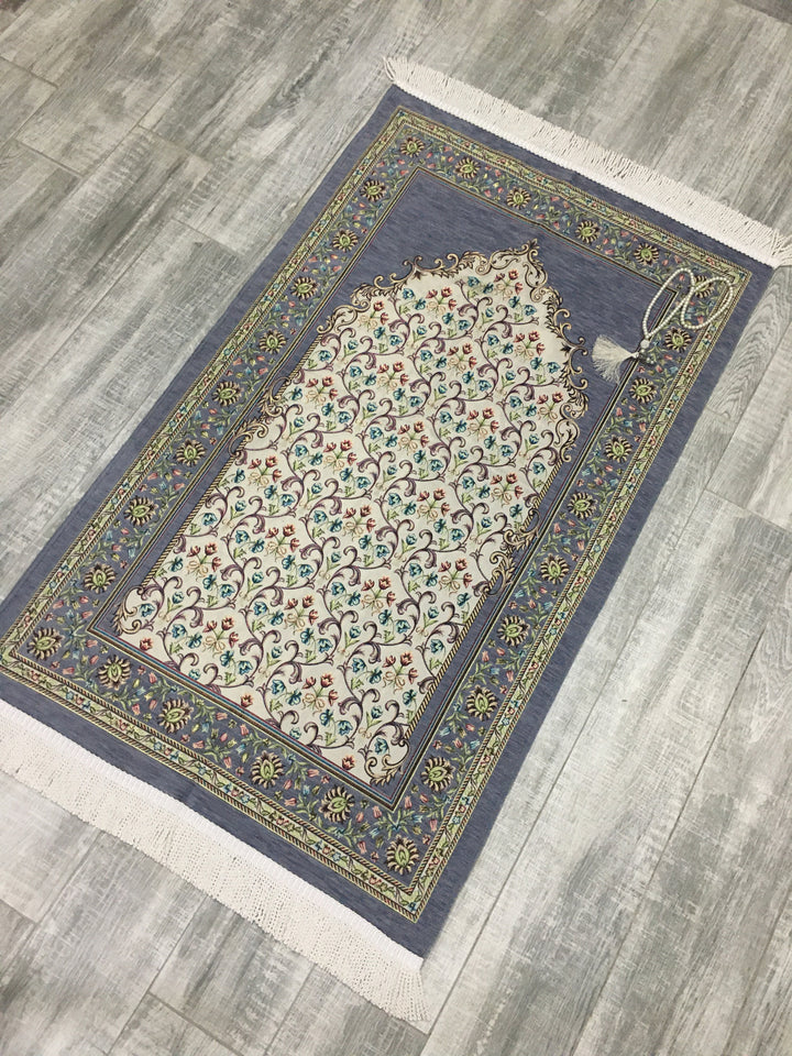 Grey Andalus Flowers Prayer Mat, Prayer Mat with Tasbeeh, Prayer Rug, Muslim Janamaz, Namaz Rug, Musallah, Islamic Gift - islamicbazaar
