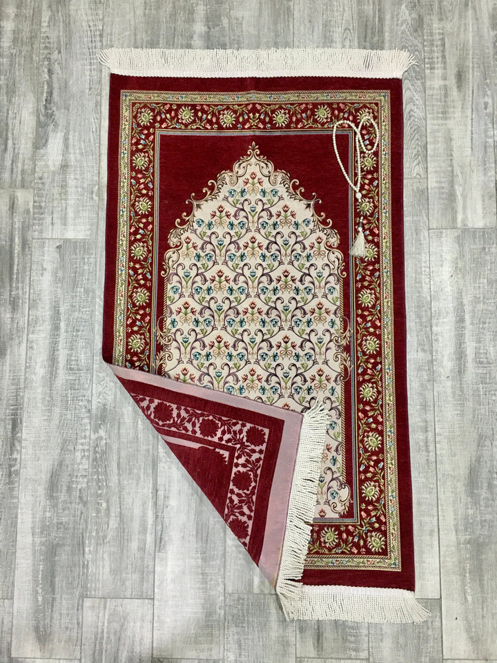 Red Andalus Flowers Prayer Mat, Prayer Mat with Tasbeeh, Prayer Rug, Muslim Janamaz, Namaz Rug, Musallah, Islamic Gift