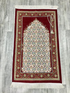 Red Andalus Flowers Prayer Mat, Prayer Mat with Tasbeeh, Prayer Rug, Muslim Janamaz, Namaz Rug, Musallah, Islamic Gift