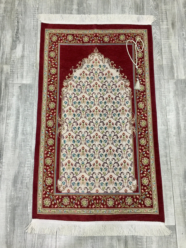 Red Andalus Flowers Prayer Mat, Prayer Mat with Tasbeeh, Prayer Rug, Muslim Janamaz, Namaz Rug, Musallah, Islamic Gift