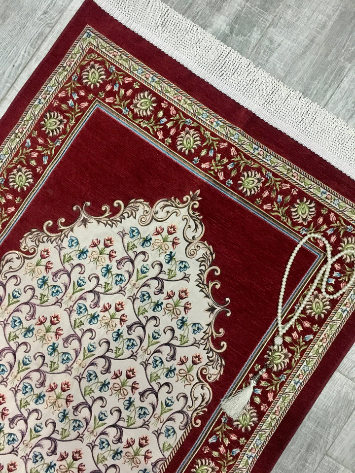 Red Andalus Flowers Prayer Mat, Prayer Mat with Tasbeeh, Prayer Rug, Muslim Janamaz, Namaz Rug, Musallah, Islamic Gift