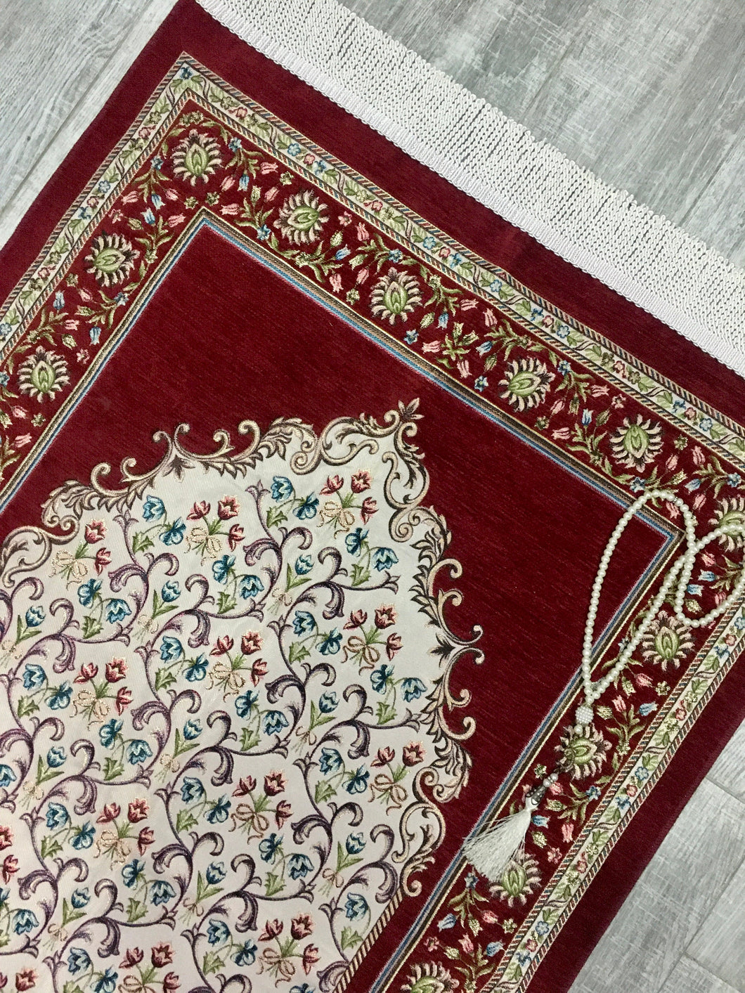 Red Andalus Flowers Prayer Mat, Prayer Mat with Tasbeeh, Prayer Rug, Muslim Janamaz, Namaz Rug, Musallah, Islamic Gift