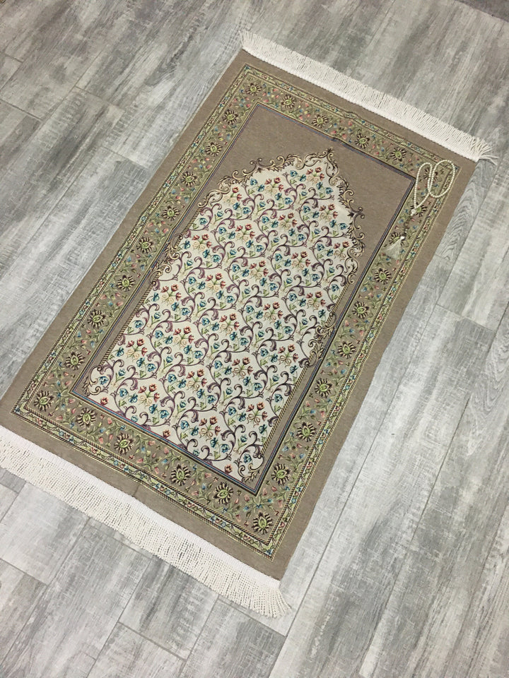 Olive Green Andalus Flowers Prayer Mat, Prayer Mat with Tasbeeh, Prayer Rug, Muslim Janamaz, Namaz Rug, Musallah, Islamic Gift