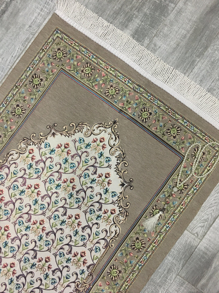 Olive Green Andalus Flowers Prayer Mat, Prayer Mat with Tasbeeh, Prayer Rug, Muslim Janamaz, Namaz Rug, Musallah, Islamic Gift