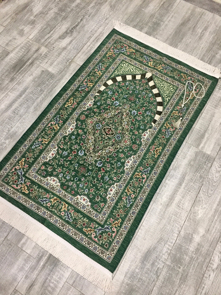Green Tulip Garden Prayer Mat, Prayer Mat with Tasbeeh, Prayer Rug, Muslim Janamaz, Namaz Rug, Musallah, Islamic Gift - islamicbazaar