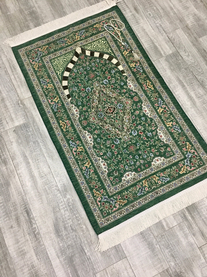 Green Tulip Garden Prayer Mat, Prayer Mat with Tasbeeh, Prayer Rug, Muslim Janamaz, Namaz Rug, Musallah, Islamic Gift - islamicbazaar
