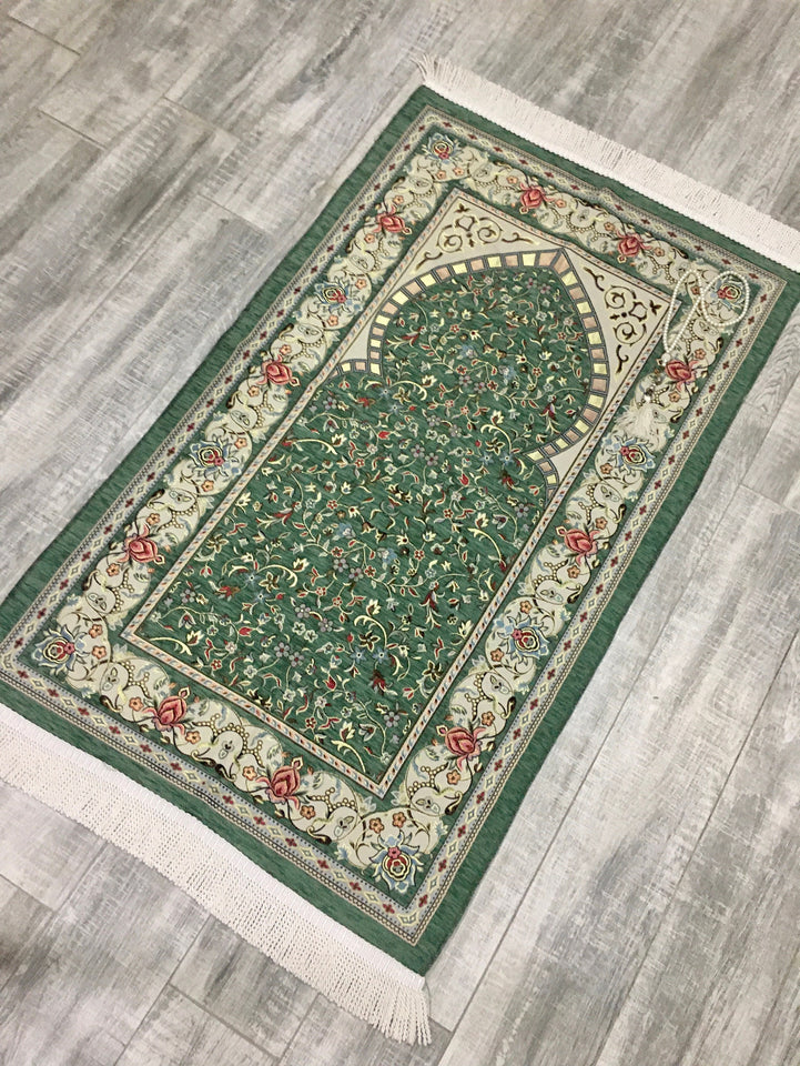 Classy Green Prayer Mat, Prayer Mat with Tasbeeh, Prayer Rug, Muslim Janamaz, Namaz Rug, Musallah, Islamic Gift