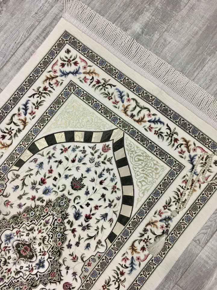 White Tulip Garden Prayer Mat, Prayer Mat with Tasbeeh, Prayer Rug, Muslim Janamaz, Namaz Rug, Musallah, Islamic Gift - islamicbazaar