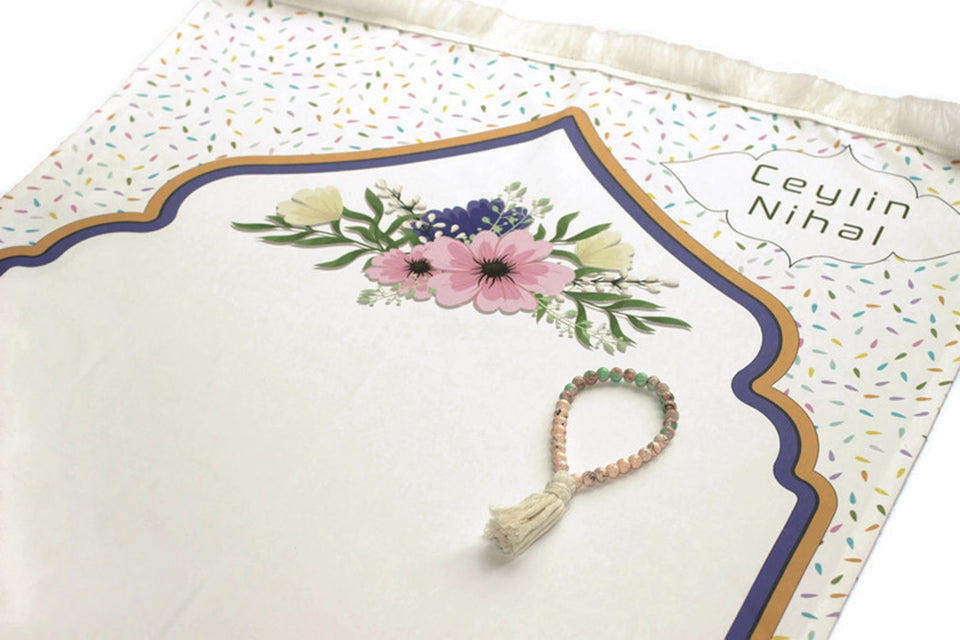 Personalized Prayer Mat for Kids, Flowers Islamic Praying Rug for Children, Educational Prayer Mat, Janamaz Muslim Child My First Prayer Mat