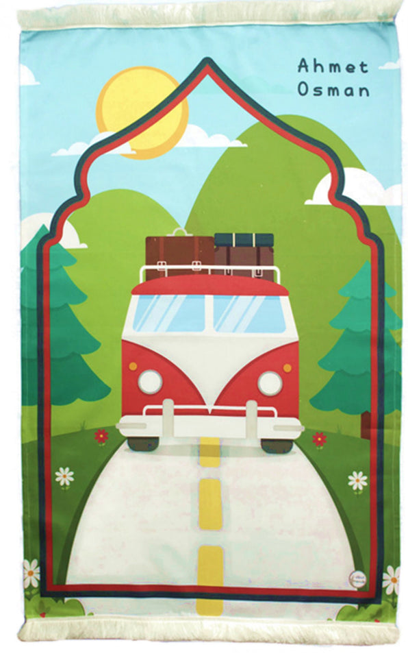 Personalized Prayer Mat for Kids, Red Car Islamic Praying Rug for Children, Educational Prayer Mat, Janamaz Muslim Child My First Prayer Mat