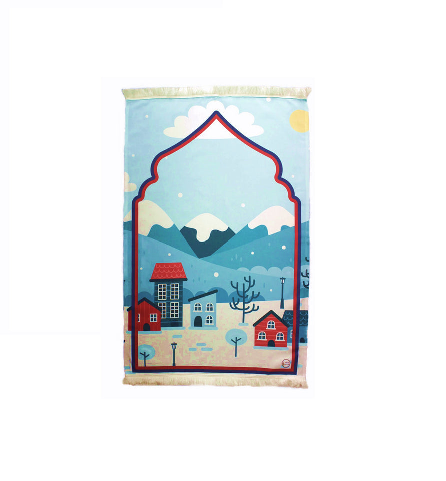 Personalized Prayer Mat for Kids, Snow Village Islamic Praying Rug for Children, Educational Prayer Mat, Muslim Child, My First Prayer Mat