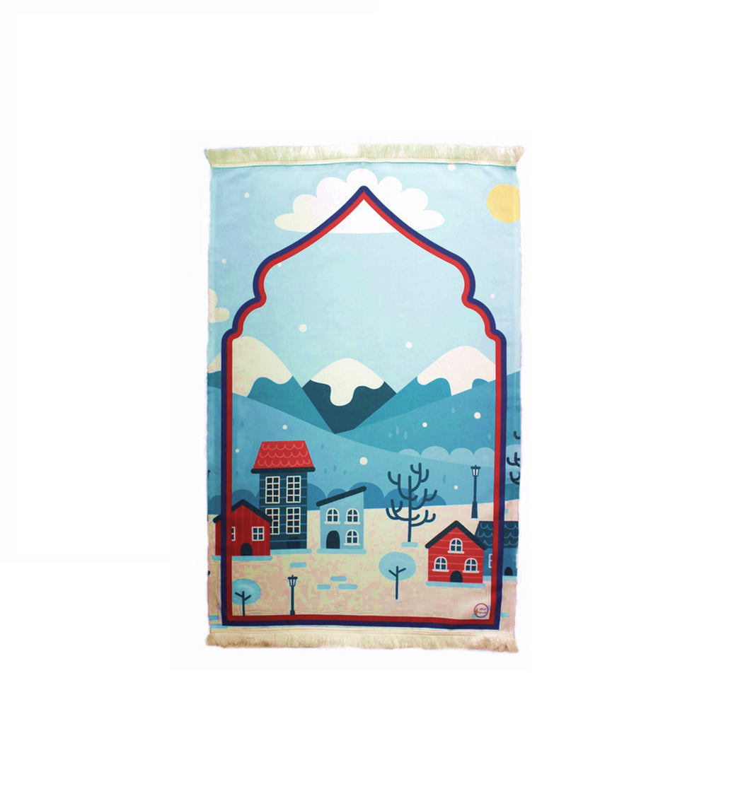 Personalized Prayer Mat for Kids, Snow Village Islamic Praying Rug for Children, Educational Prayer Mat, Muslim Child, My First Prayer Mat