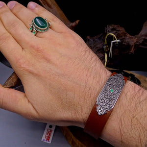 Personalized Sterling Silver Bracelet, Leather Bracelet, Islamic Art, Mens Bracelet, Ideal gift, Custom Bracelet, Gift For Him, Gift for Her