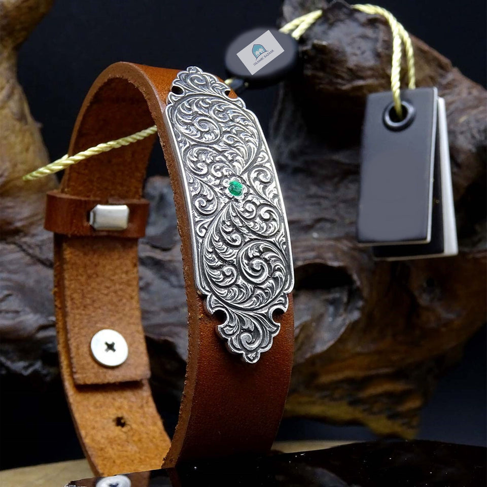 Personalized Sterling Silver Bracelet, Leather Bracelet, Islamic Art, Mens Bracelet, Ideal gift, Custom Bracelet, Gift For Him, Gift for Her