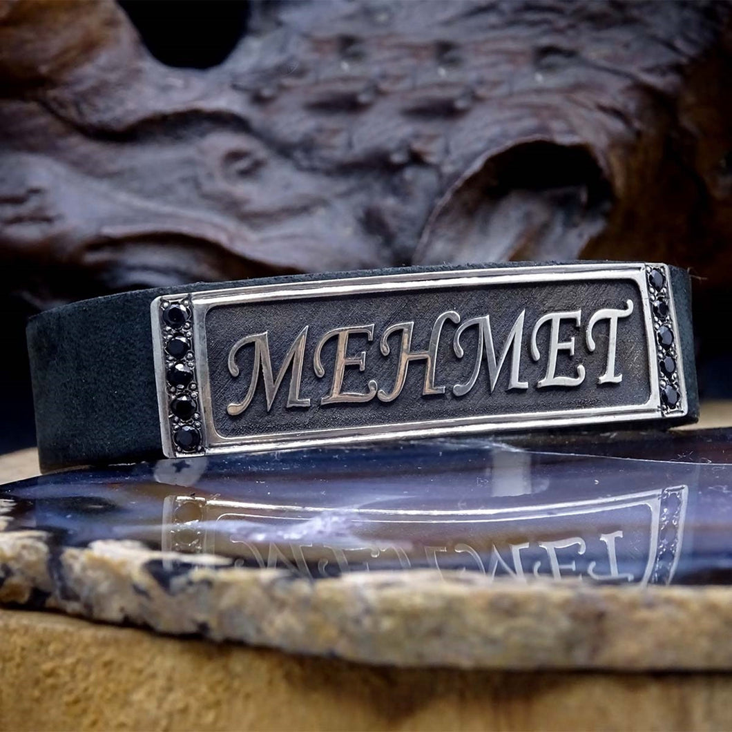 Personalized Sterling Silver Bracelet, Leather Bracelet, Islamic Art, Name Bracelet, Ideal gift, Custom Bracelet, Gift For Him, Gift for Her