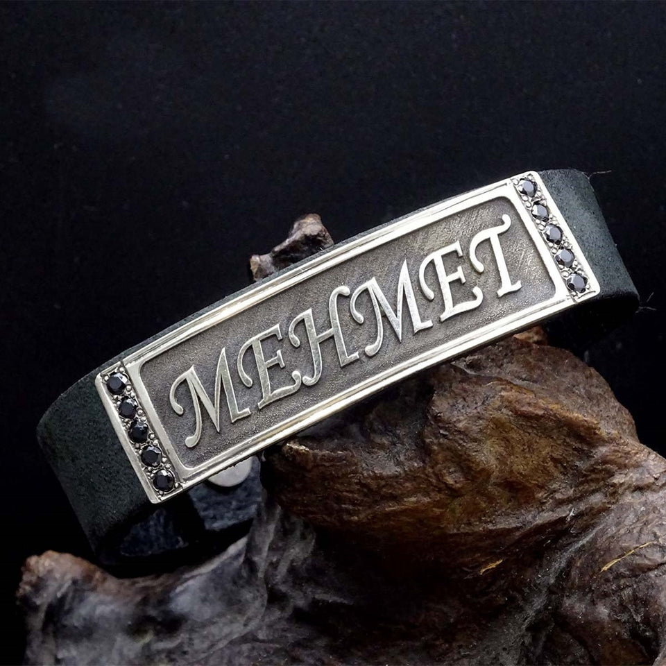 Personalized Sterling Silver Bracelet, Leather Bracelet, Islamic Art, Name Bracelet, Ideal gift, Custom Bracelet, Gift For Him, Gift for Her