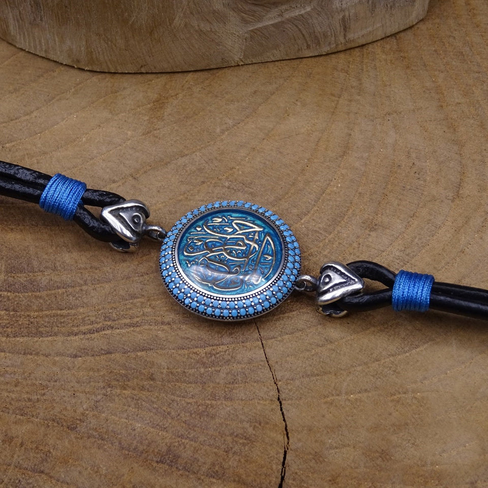 Personalized Sterling Silver Bracelet, Leather Bracelet, Islamic Art, Tuquoise Stone Bracelet, Ideal gift, Gift For Him, Gift for Her