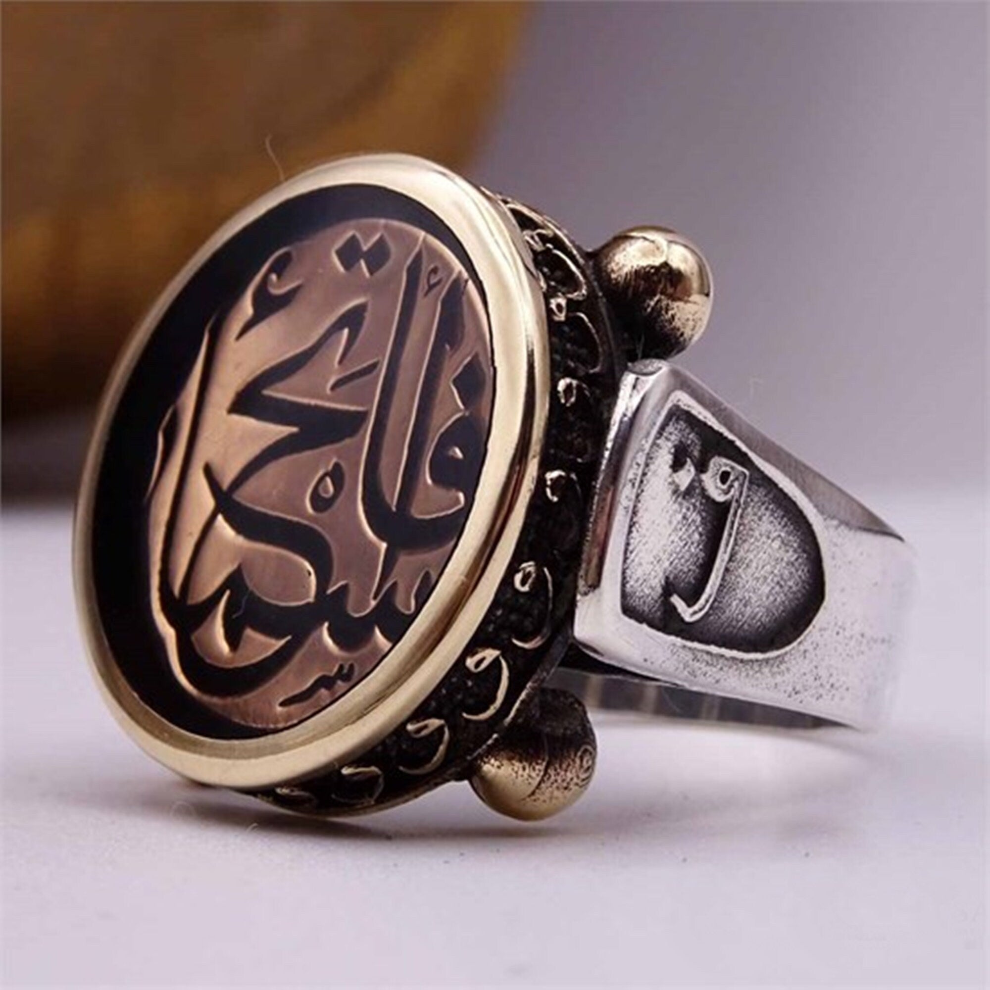 Islamic shia men ring with Imam Ali and Imam Hussain names Yellow Stone-  Size 14 | #1868454676