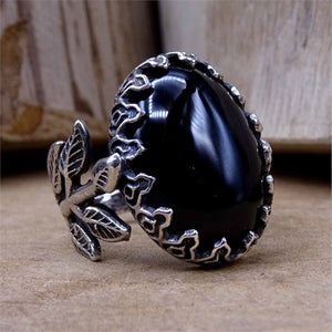 Unaza e argjendtë me kupolë të zezë, unaza e grave, unaza me gjethe, unaza me gur të çmuar, dhuratë për të, dhuratë ideale, unaza për gra, unaza me shije të hollë