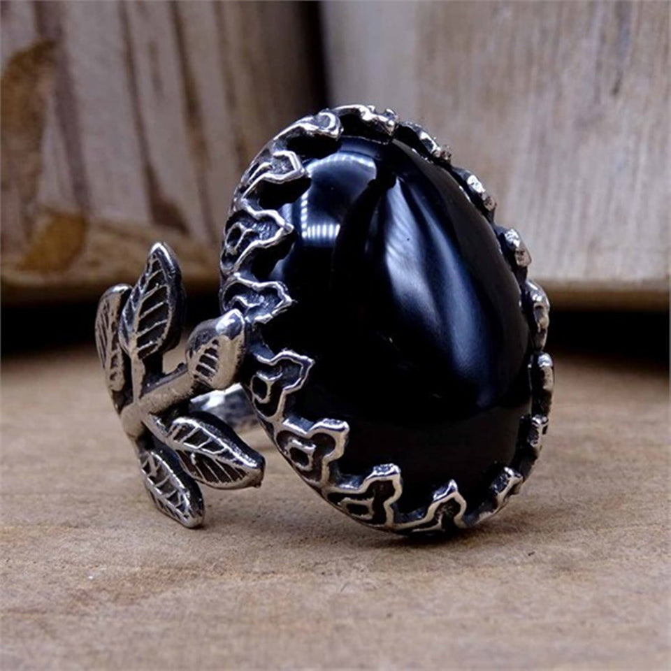 काले डोम स्टर्लिंग चांदी की अंगूठी, महिला की अंगूठी, पत्तियां के साथ अंगूठी, रत्न की अंगूठी, उसके लिए उपहार, आदर्श उपहार, महिलाओं के लिए अंगूठियां, दैनिक रिंग्स