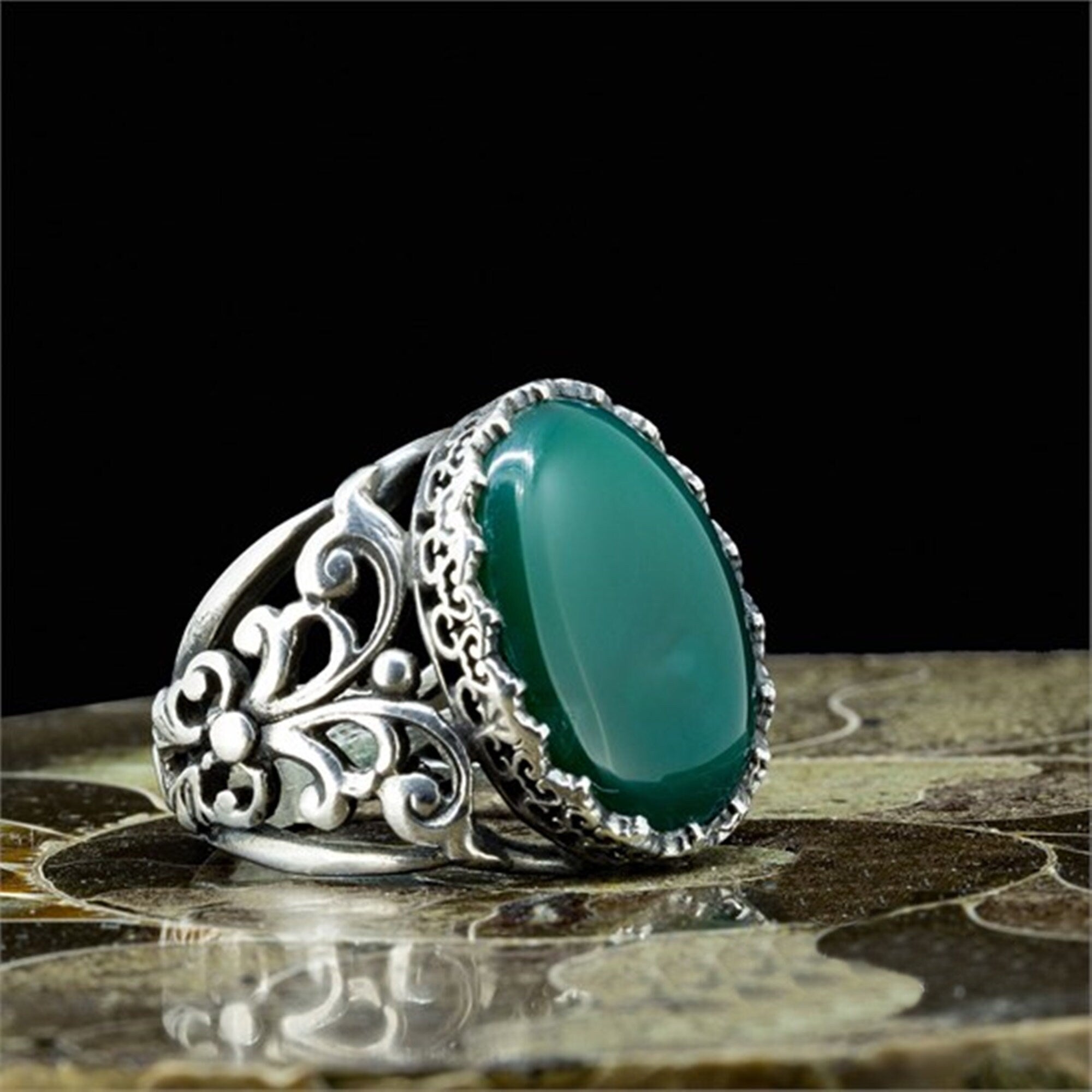 Cincin Perak Sterling Silver Agate DomeRing dengan Daun, Cincin