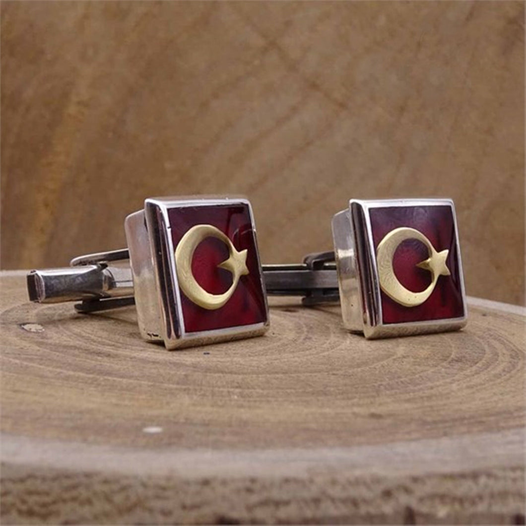 Red Crescent&Star Silver Cufflink, Handmade 925 Sterling Silver,  Men Cufflinks, Best Man Gift, Groom Cufflinks, Gift for Him, Wedding Gifts
