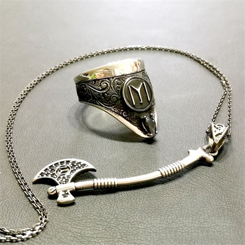 Turgut Alp's Axe Silver  Necklace and Ring Set, Handmade 925 Sterling Silver, Silver Jewelry for Men, Silver Bracelet, Gift for Him -003