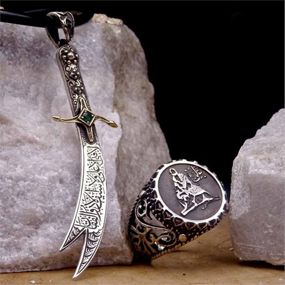 Zulfiqar Sword Silver  Necklace and Ring Set, Handmade 925 Sterling Silver, Silver Jewelry for Men, Silver Bracelet, Gift for Him