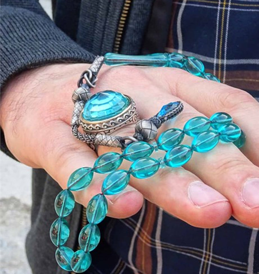 Turquoise Amber Tasbeeh and Ring Set, Handmade 925 Sterling Silver, Silver Jewelry for Men, Silver Tasbeeh and Ring, Muslim Gift