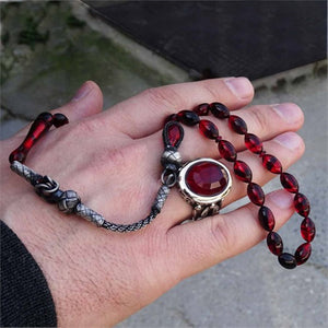 Black&Red Amber Tasbeeh and Ring Set, Handmade 925 Sterling Silver, Silver Jewelry for Men, Silver Tasbeeh and Ring, Muslim Gift