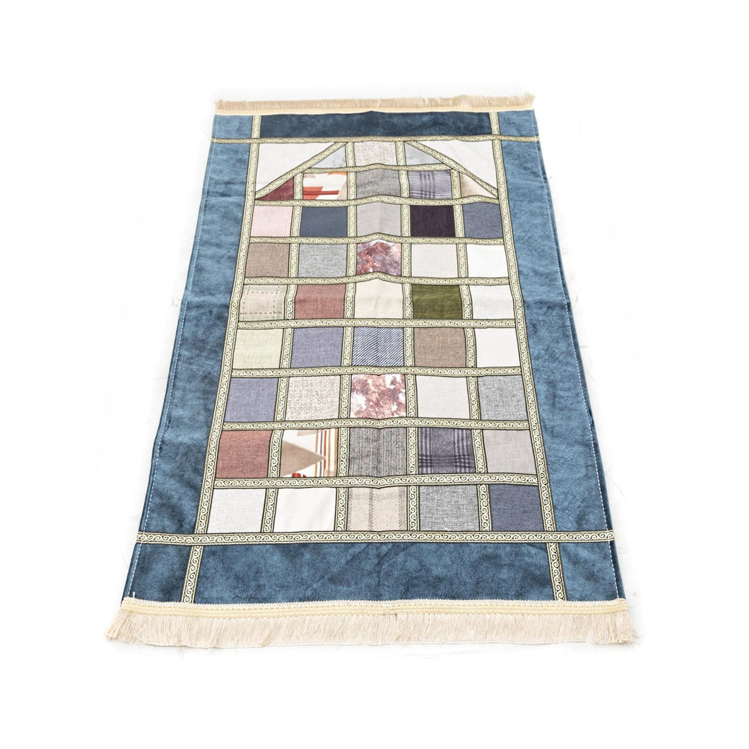 Lux Chenille Islamic Prayer Mat Quilt Pattern, Blue Patchwork Prayer Rug, Muslim Janamaz, Namaz Rug, Musallah, Islamic Gift