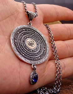 Blue Stone Handmade 925 Sterling Silver Medallion, Women Necklace, Silver Pendant Women, Embroidered Jewelry, Gift for Her