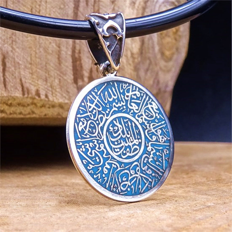 Blue Enameled Handmade 925 Sterling Silver Medallion, Necklace, Silver Pendant , Personalized, Embroidered Jewelry, Gift for Muslim