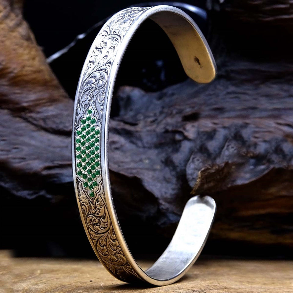 Personalized Sterling Silver Bracelet Cuff, Islamic Art, Men Bracelet, Emerald, Custom Bracelet, Bangle Cuff, Gifts for Her, Gift for Men