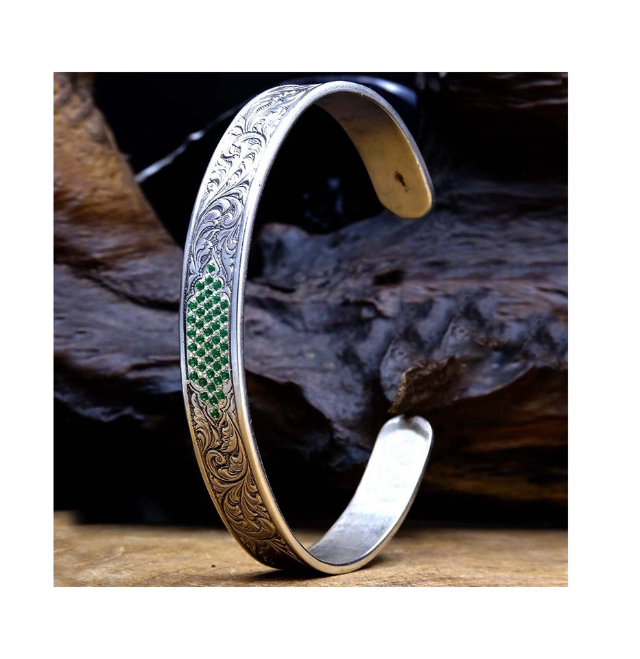 Personalized Sterling Silver Bracelet Cuff, Islamic Art, Men Bracelet, Emerald, Custom Bracelet, Bangle Cuff, Gifts for Her, Gift for Men