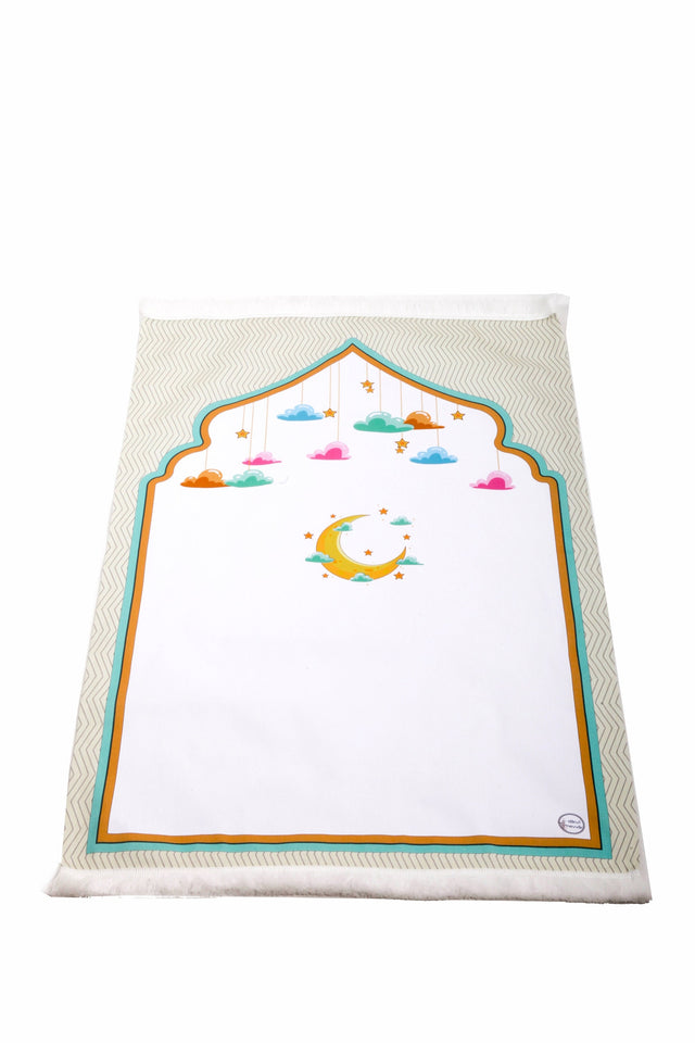Personalized Prayer Mat for Kids, White Moon Islamic Praying Rug for Children, Educational Prayer Mat, Janamaz Muslim Child First Prayer Rug