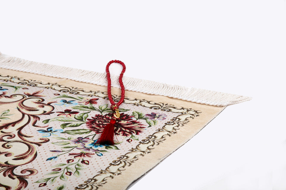 Beige Palestine Flowers Prayer Mat, Prayer Mat with Tasbeeh, Prayer Rug, Muslim Janamaz, Sajjada, Turkish Rug, Islamic Gift YSLM34