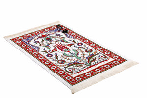 Red Ottoman Tulips Prayer Rug, Lux Schenille Woven Prayer Mat, Muslim Janamaz with Tasbih