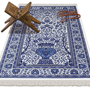Blue Ottoman Tiles Soft Padded Prayer Rug | Cotton Layer Janamaz | Anti Slip Backing Bamboo Cotton Prayer Mat | Ramadan Gift