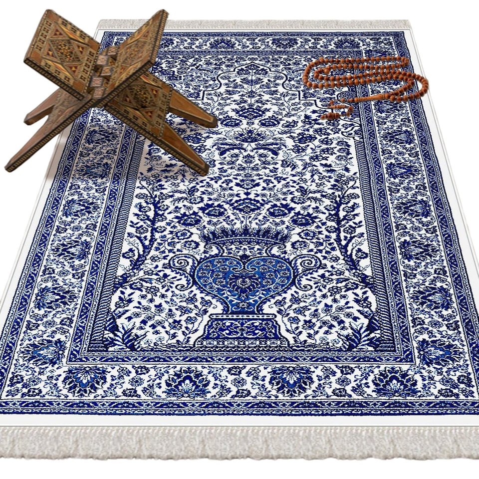 Blue Ottoman Tiles Soft Padded Prayer Rug | Cotton Layer Janamaz | Anti Slip Backing Bamboo Cotton Prayer Mat | Ramadan Gift