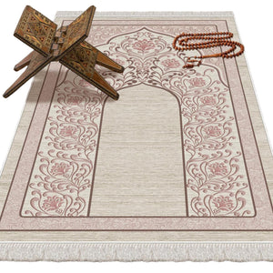 Pale Pink Mihrab Soft Padded Prayer Rug | Cotton Layer Janamaz | Anti Slip Backing Bamboo Cotton Prayer Mat | Islamic Gifts