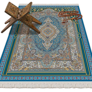 Traditional Motif Blue Carpet Soft Padded Prayer Rug | Cotton Layer Janamaz | Anti Slip Backing Bamboo Cotton Prayer Mat | Islamic Gifts