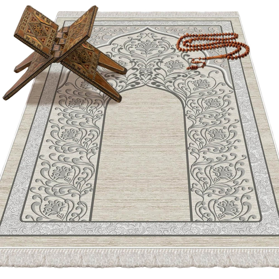 Natural Beige Soft Padded Prayer Rug | Cotton Layer Janamaz | Anti Slip Backing Bamboo Cotton Prayer Mat | Islamic Gifts