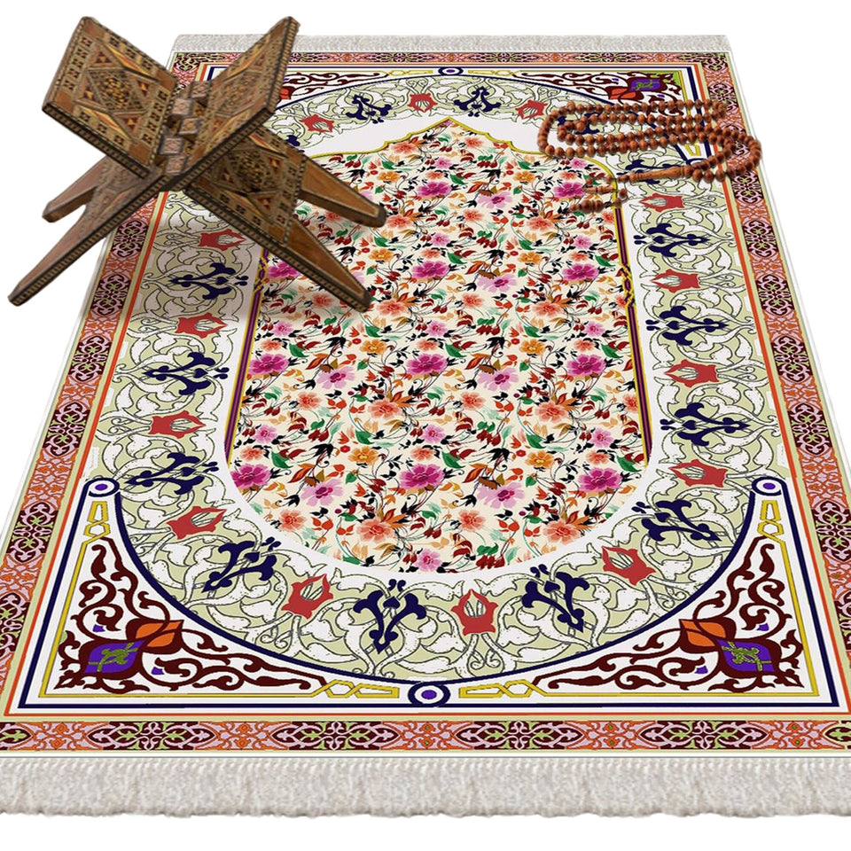 Mosaic Of Flowers Soft Padded Prayer Rug | Cotton Layer Janamaz | Anti Slip Backing Bamboo Cotton Prayer Mat | Islamic Gifts
