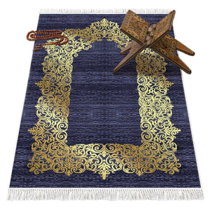 Gold Gilded Navy Blue Soft Padded Prayer Rug | Cotton Layer Janamaz | Anti Slip Backing Bamboo Cotton Prayer Mat | Islamic Gifts