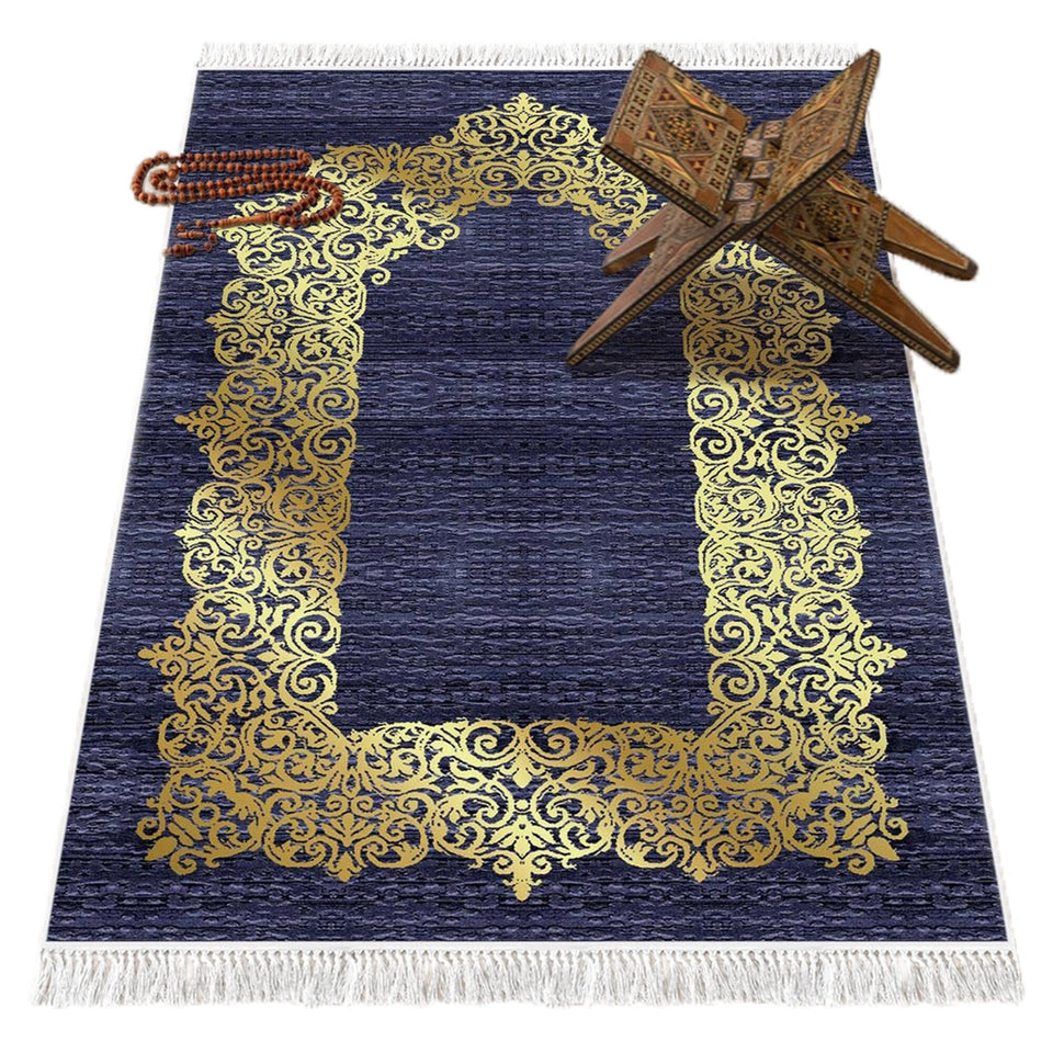 Gold Gilded Navy Blue Soft Padded Prayer Rug | Cotton Layer Janamaz | Anti Slip Backing Bamboo Cotton Prayer Mat | Islamic Gifts