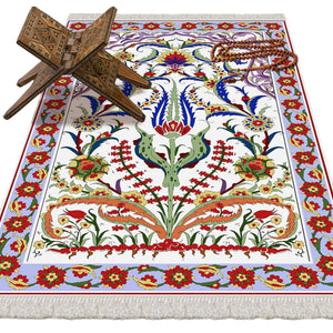 Ottoman Tulips Soft Padded Prayer Rug | Cotton Layer Janamaz | Anti Slip Backing Bamboo Cotton Prayer Mat | Islamic Gifts